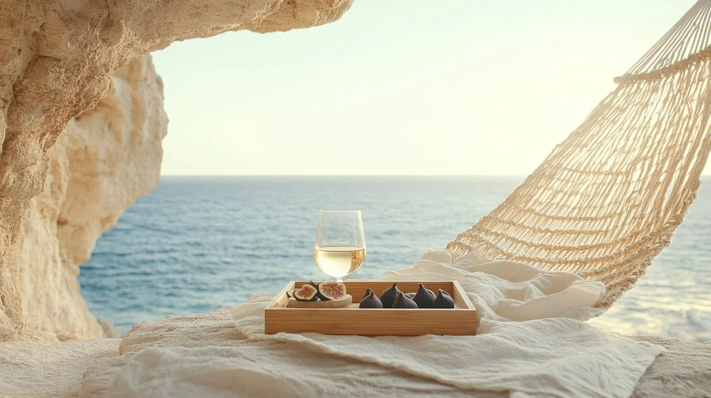 A tray with figs and dried flowers, a glass of white wine, and a hammock overlooking the ocean from a seaside cave in bright lighting.