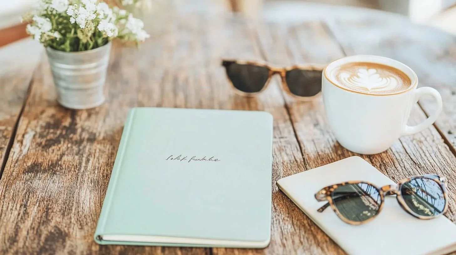 A wooden table with a small potted plant with white flowers, a pair of tortoiseshell sunglasses on a white cloth, a white mug of coffee with latte art, a light green notebook, and a pair of sunglasses.
