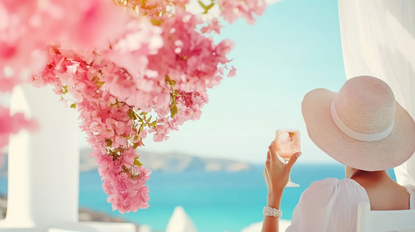 A woman wearing a sunhat and white dress sitting outdoors, holding a pink drink, with pink flowers and the ocean in the background.
