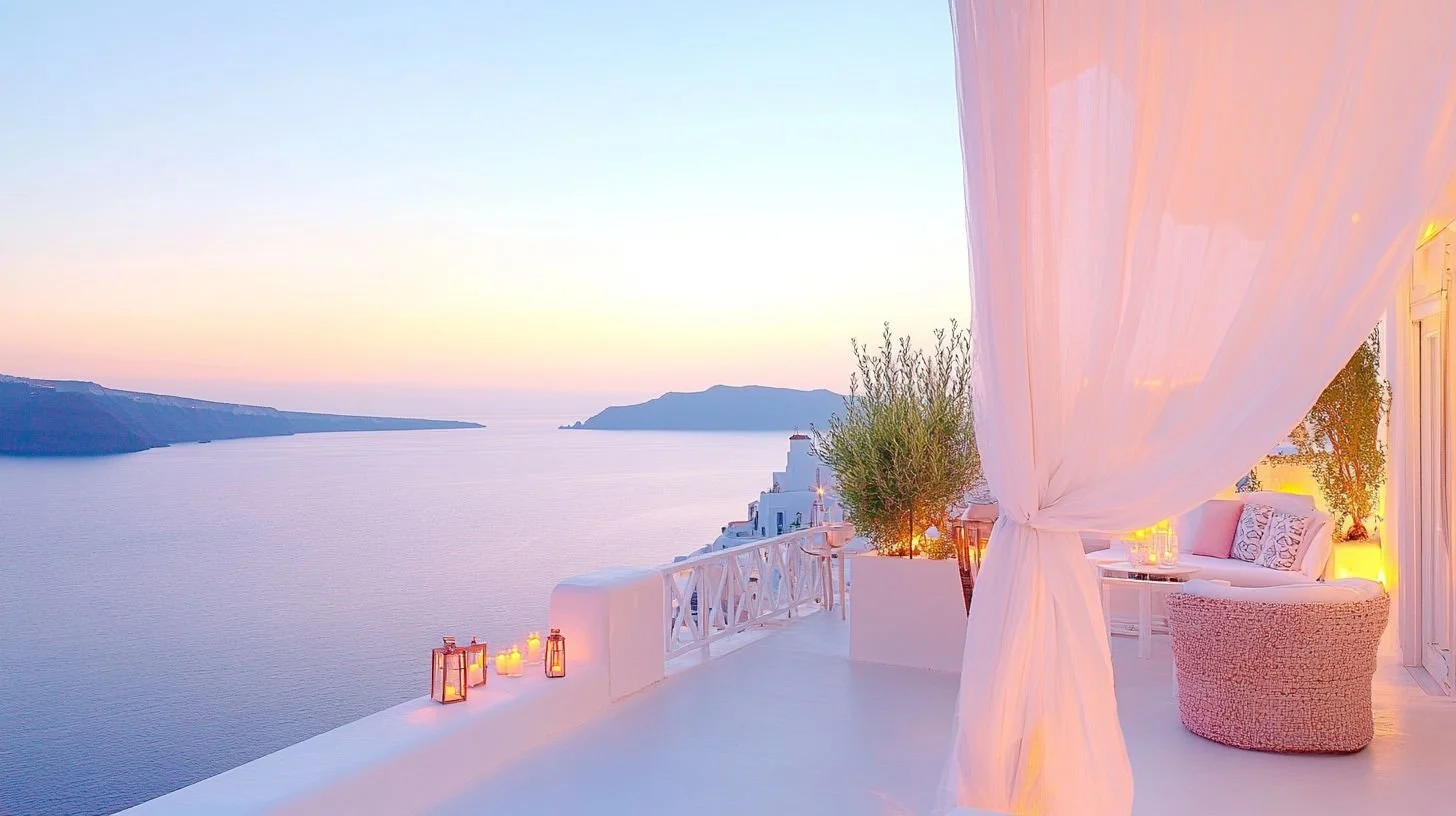 A balcony with white decor overlooking a calm body of water and distant islands during sunset, featuring cozy seating, potted plants, and candles.