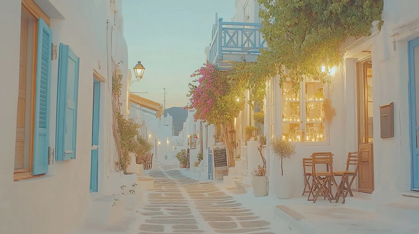 A narrow street in a Mediterranean village with white buildings and blue accents, potted plants, and outdoor furniture, illuminated by warm street lighting in the evening.