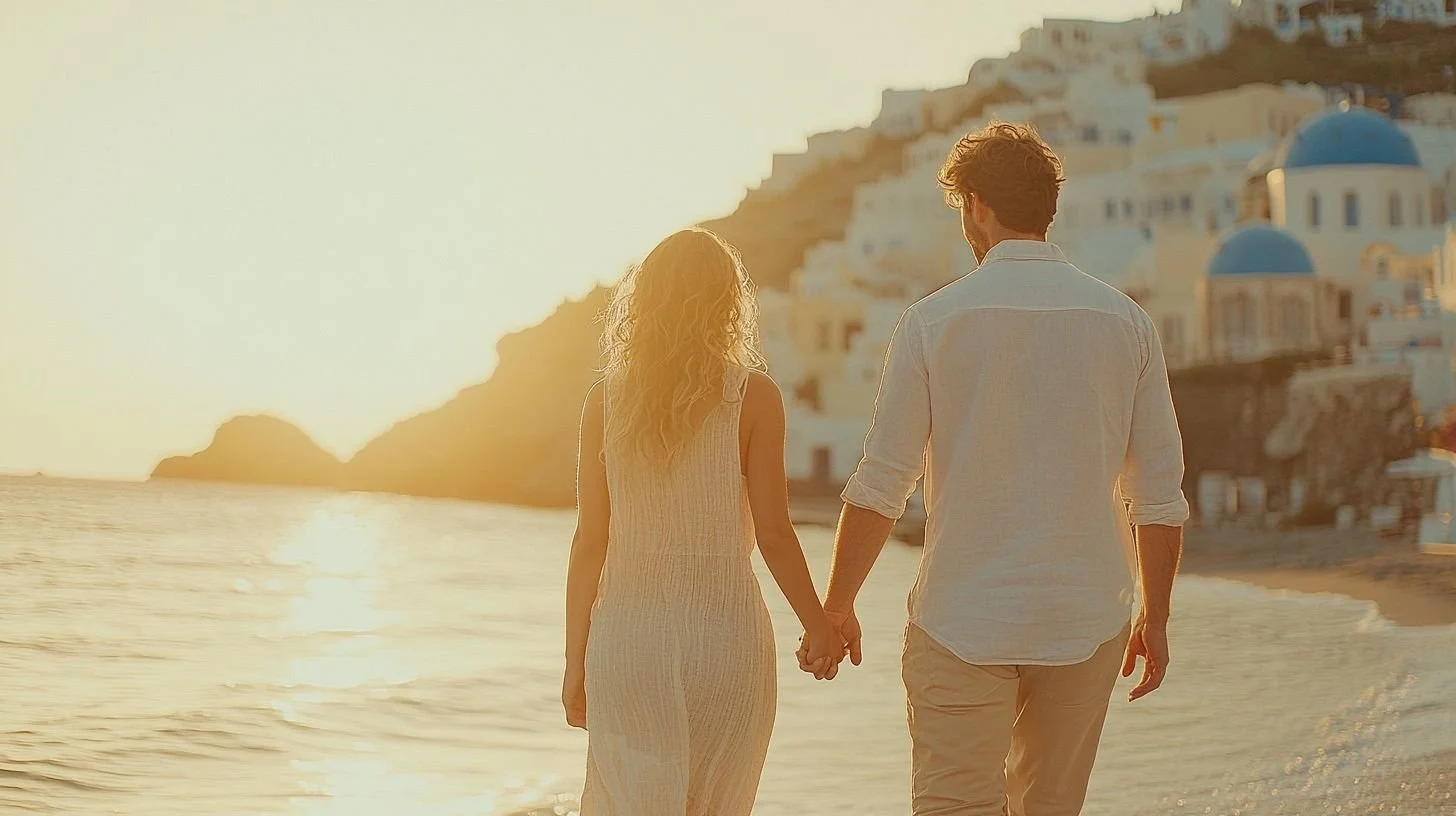 A couple holding hands and walking along the beach at sunset, with white buildings and blue-domed churches in the background.