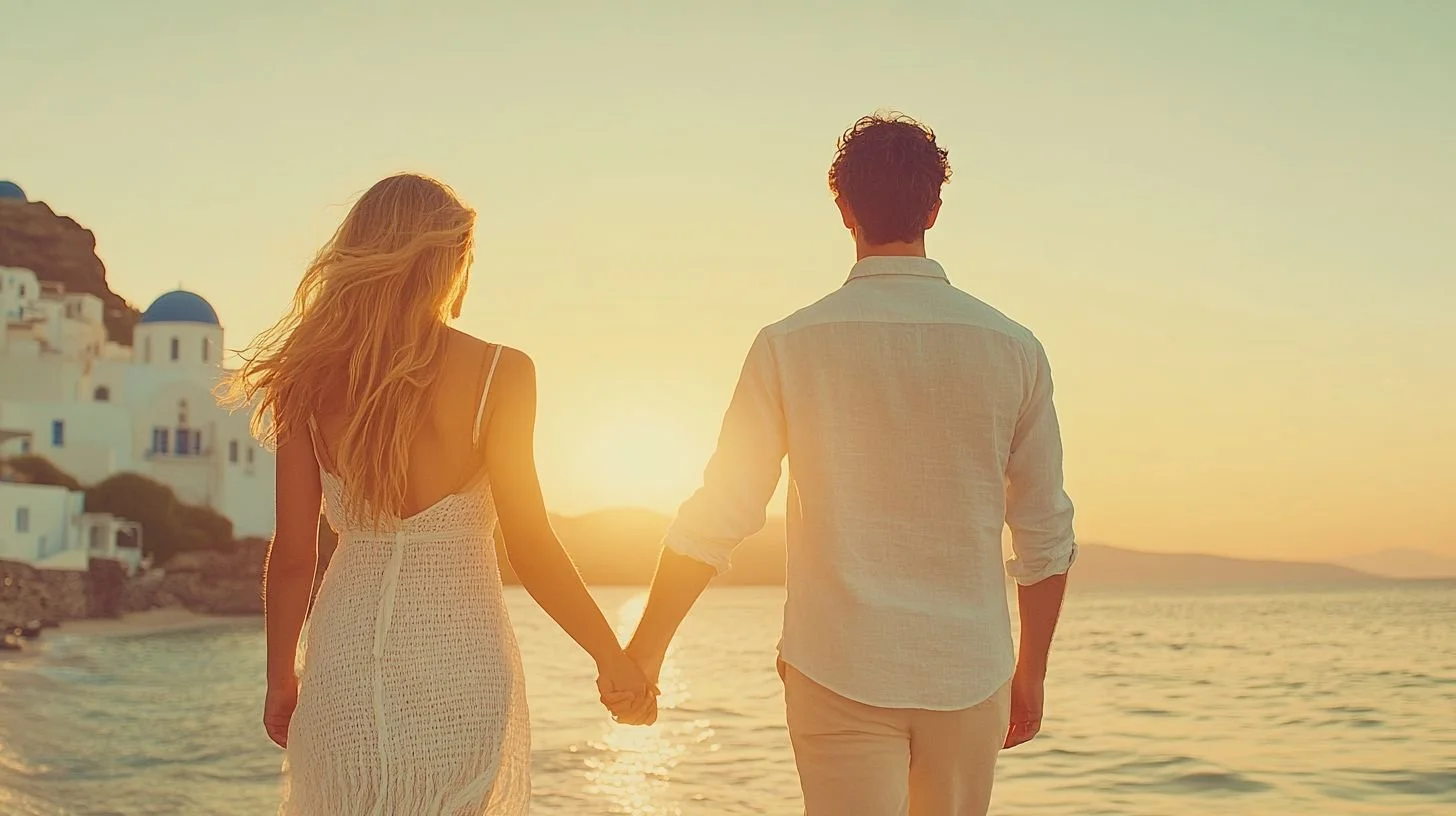 A couple holding hands at sunset on a beach, with white buildings and a church with a blue dome in the background.