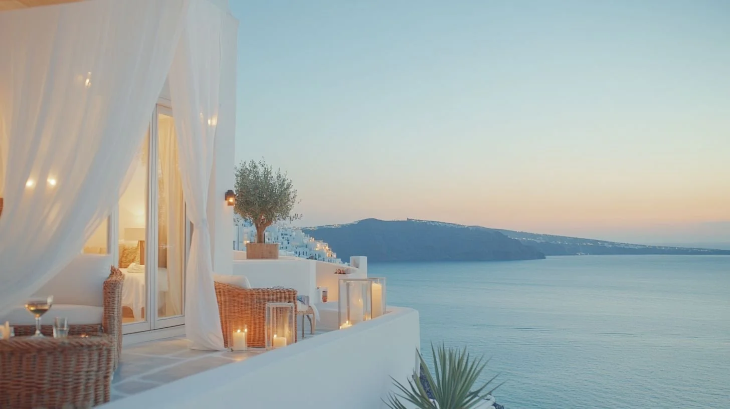 A coastal balcony with white curtains, wicker furniture, and candles overlooking the sea at sunset.