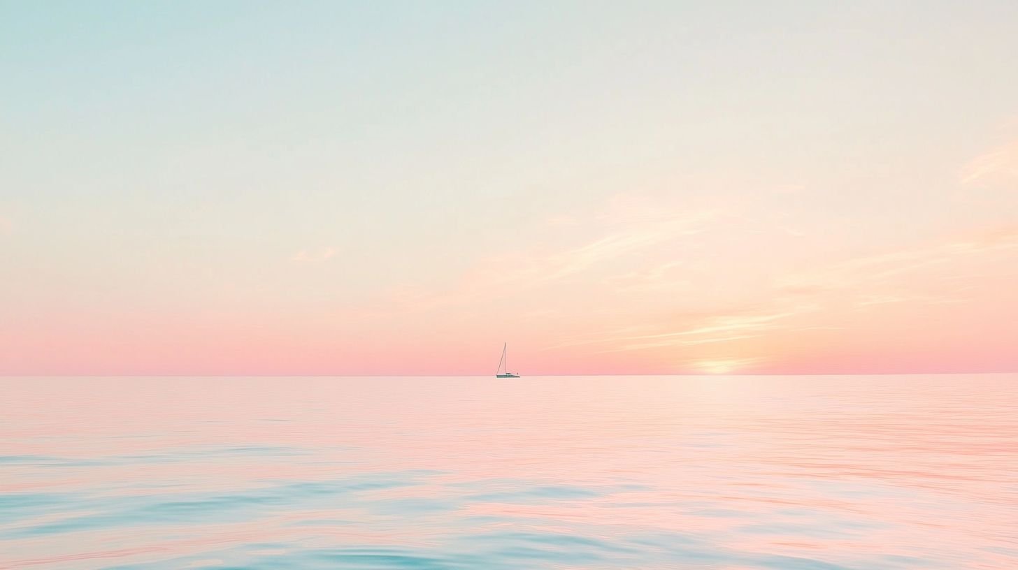 Calm ocean with gentle waves and a sailboat near the horizon at sunset, pastel pink and blue sky.