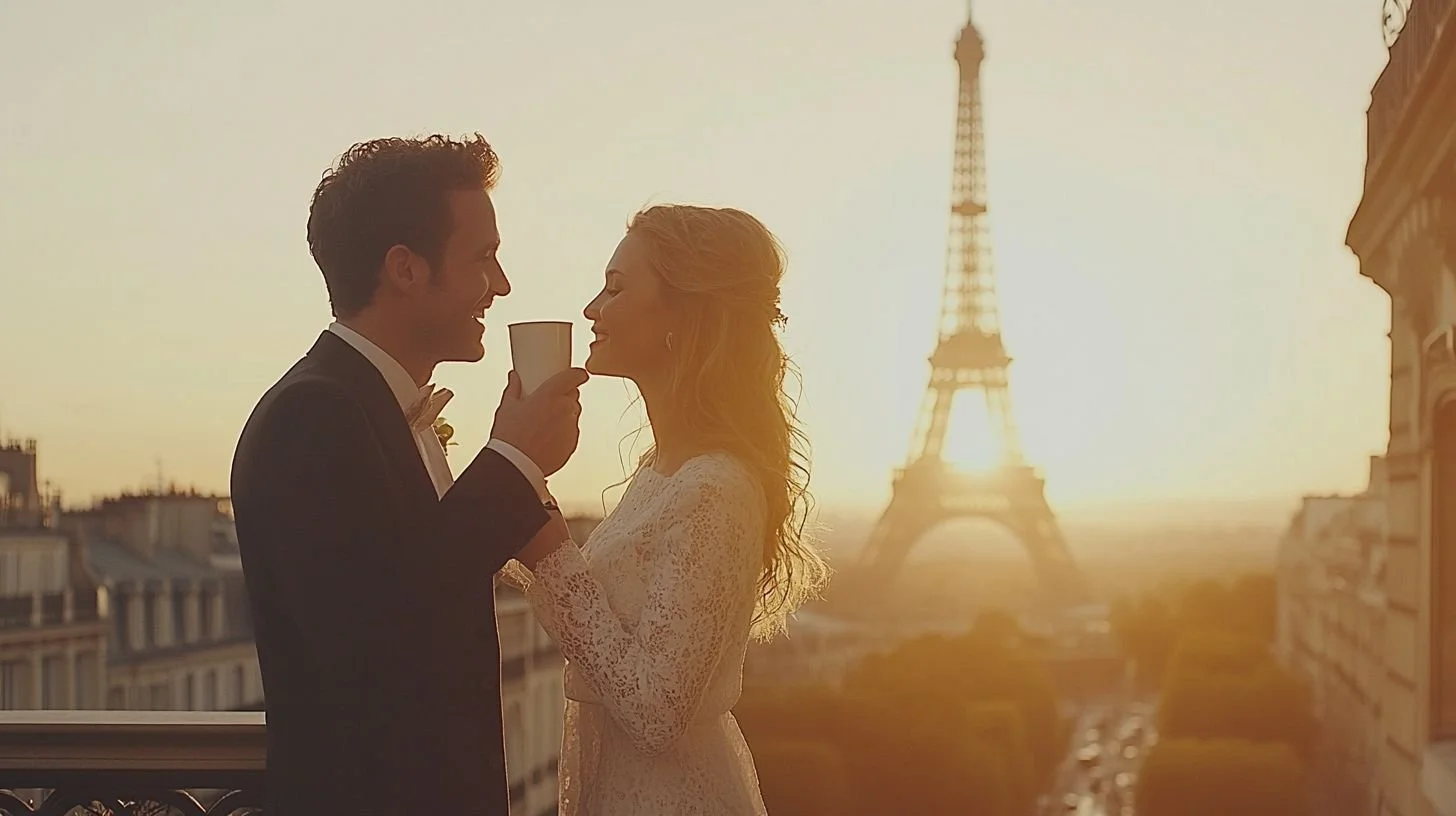 A couple in wedding attire with the Eiffel Tower in the background during sunset.