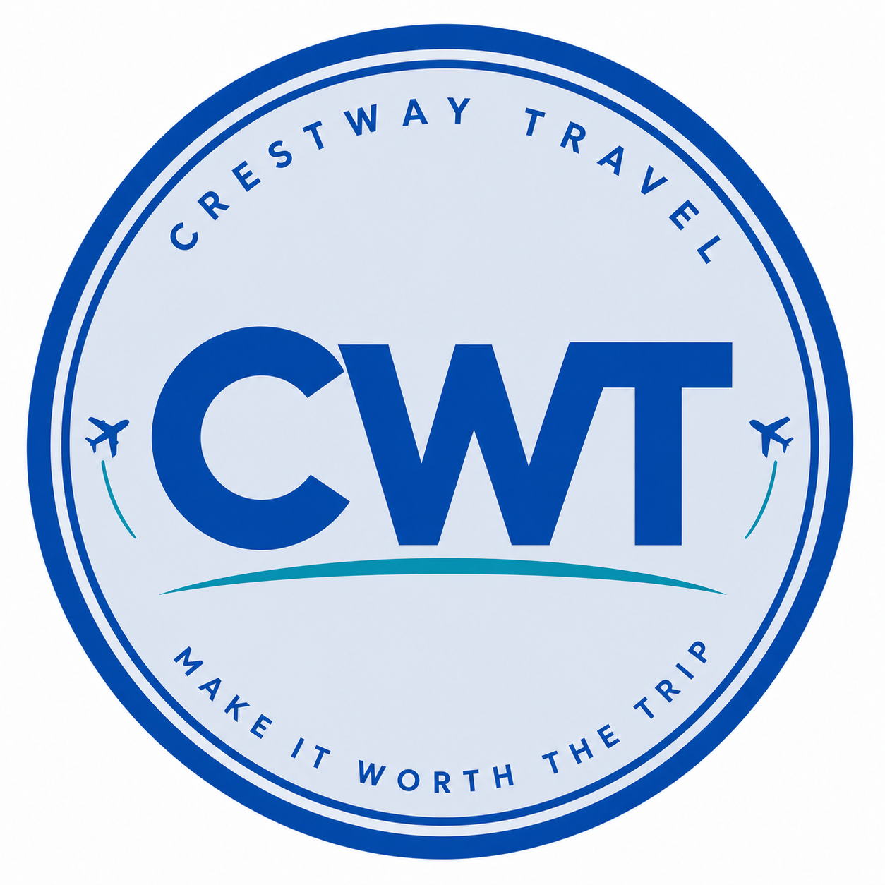 Circular logo for CWT travel company with text "Crestway Travel" at the top and "Make It Worth the Trip" at the bottom, featuring two airplane icons and a stylized swoosh.