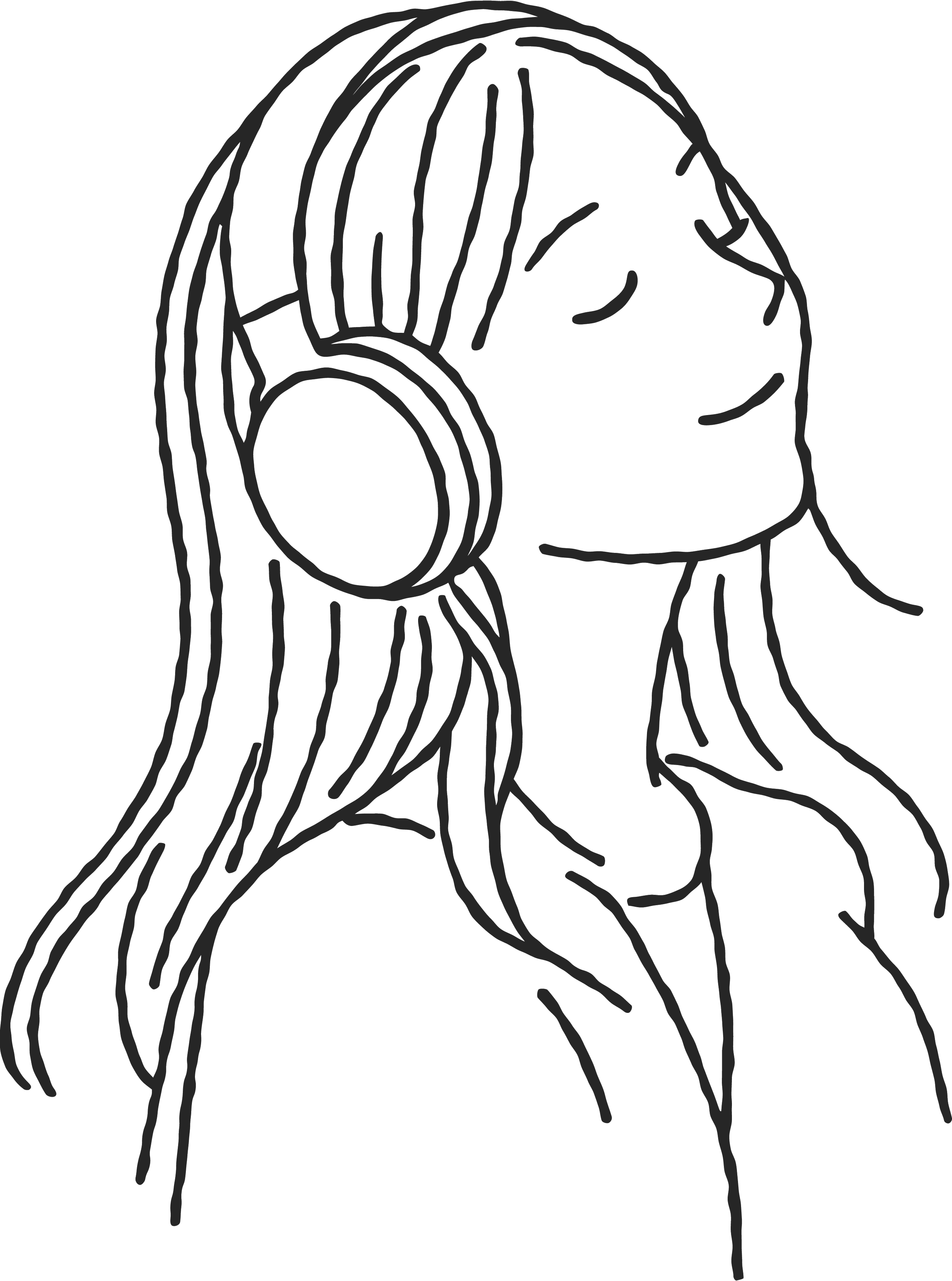 Line drawing of a woman wearing headphones, facing to the side, with long hair and a simple top.