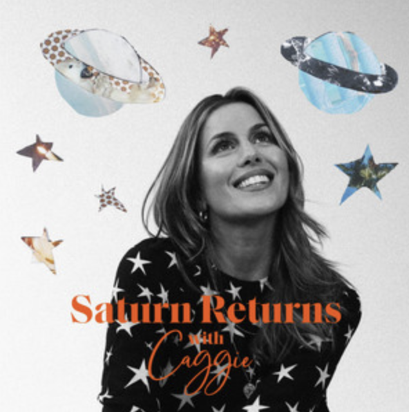 Black and white photo of a smiling woman with shoulder-length hair, wearing a star-patterned top. Surrounding her are illustrated planets and stars, with orange text reading 'Saturn Returns' and red cursive text 'with Caggie'.