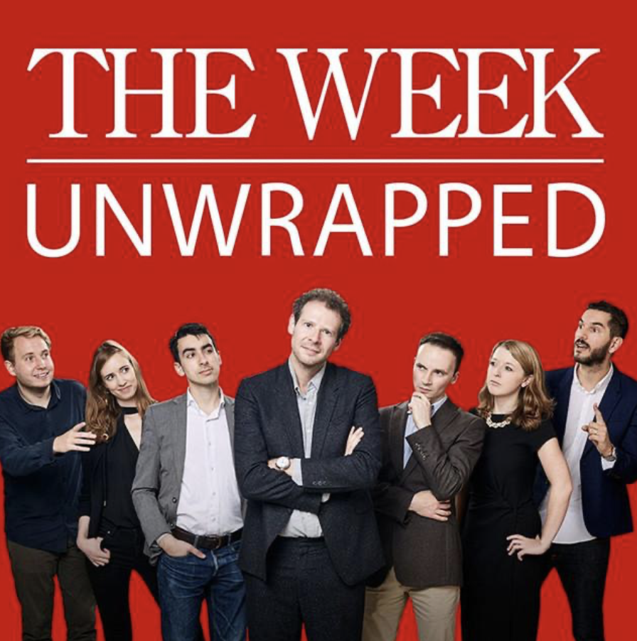Promo poster for the television show 'The Week Unwrapped' featuring seven diverse people standing against a red background, with the title text at the top.