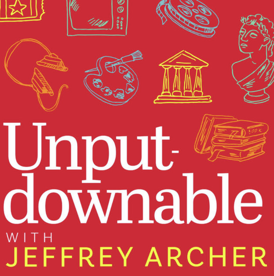 Red book cover titled "Unput-downable" by Jeffrey Archer, featuring yellow and blue sketches of a piano, television, film reel, painter's palette, classical bust, stack of books, and other illustrations.
