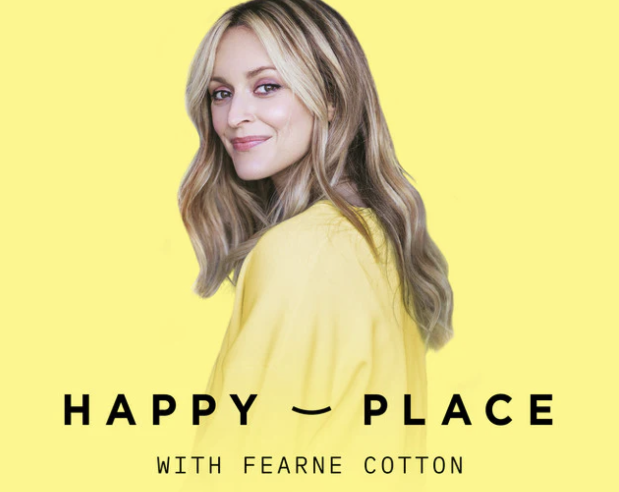 Cover art featuring a woman with long blonde hair in a yellow top, smiling with a yellow background. Text reads 'Happy Place with Fearne Cotton'.