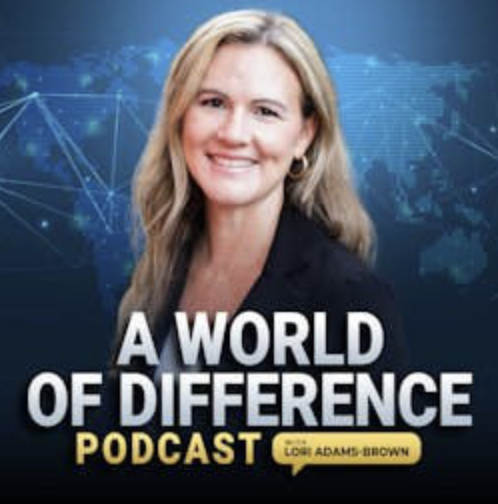 Portrait of a woman with blonde hair in front of a world map background, promoting the podcast "A World of Difference" hosted by Coli Adams-Brown.