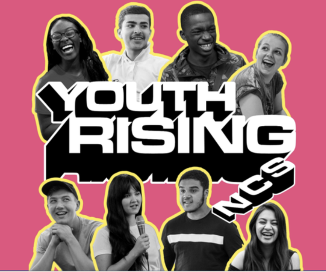 Poster with group of diverse happy youth, pink background, bold text 'Youth Rising' and 'Inc.' outlined in yellow.