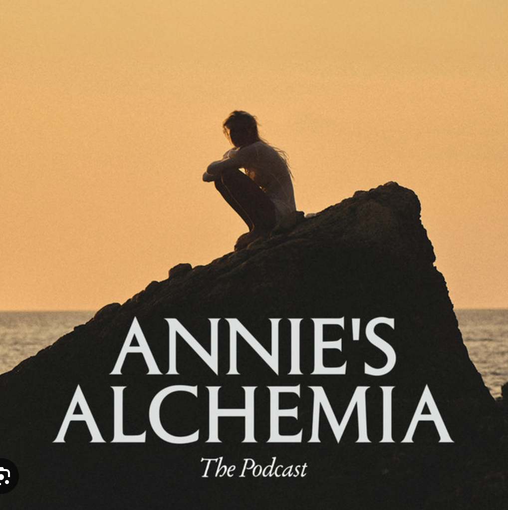 Silhouette of a person sitting on a rocky cliff at sunset or sunrise with ocean in the background, titled "Annie's Alchemy: The Podcast".