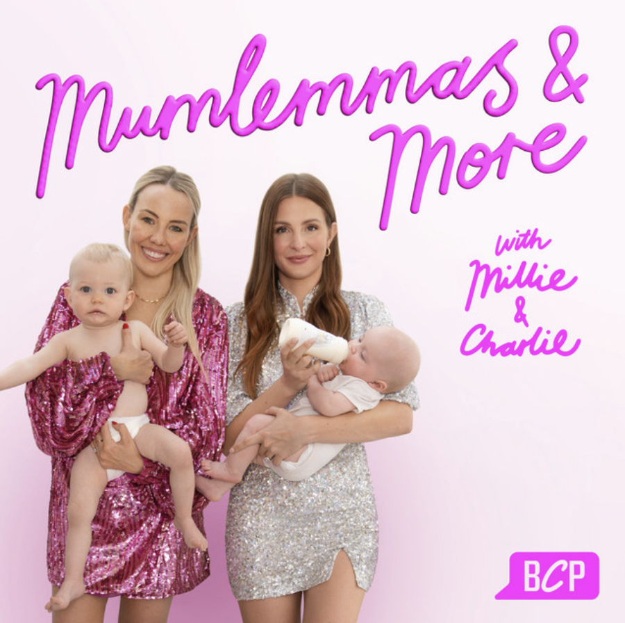 Two women holding babies, one in a pink sequin dress, the other in a silver sequin dress, with pink text reading 'Mummymas & More with Millie & Charlie,' and a pink BCP logo in the bottom right corner.