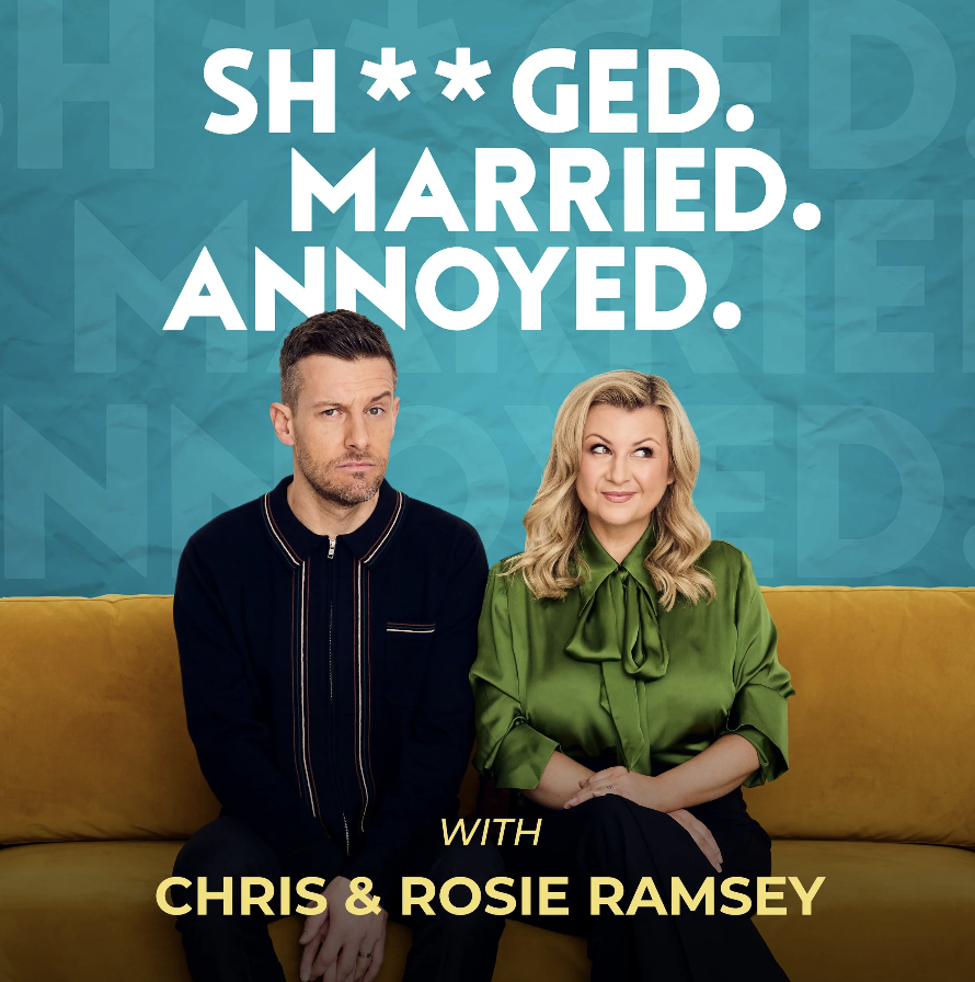 A man and a woman sit on a yellow couch against a blue background. The man looks serious, and the woman smiles. The text above reads 'SH**GED. MARRIED. ANNOYED.' The text below indicates they are with Chris and Rosie Ramsey.
