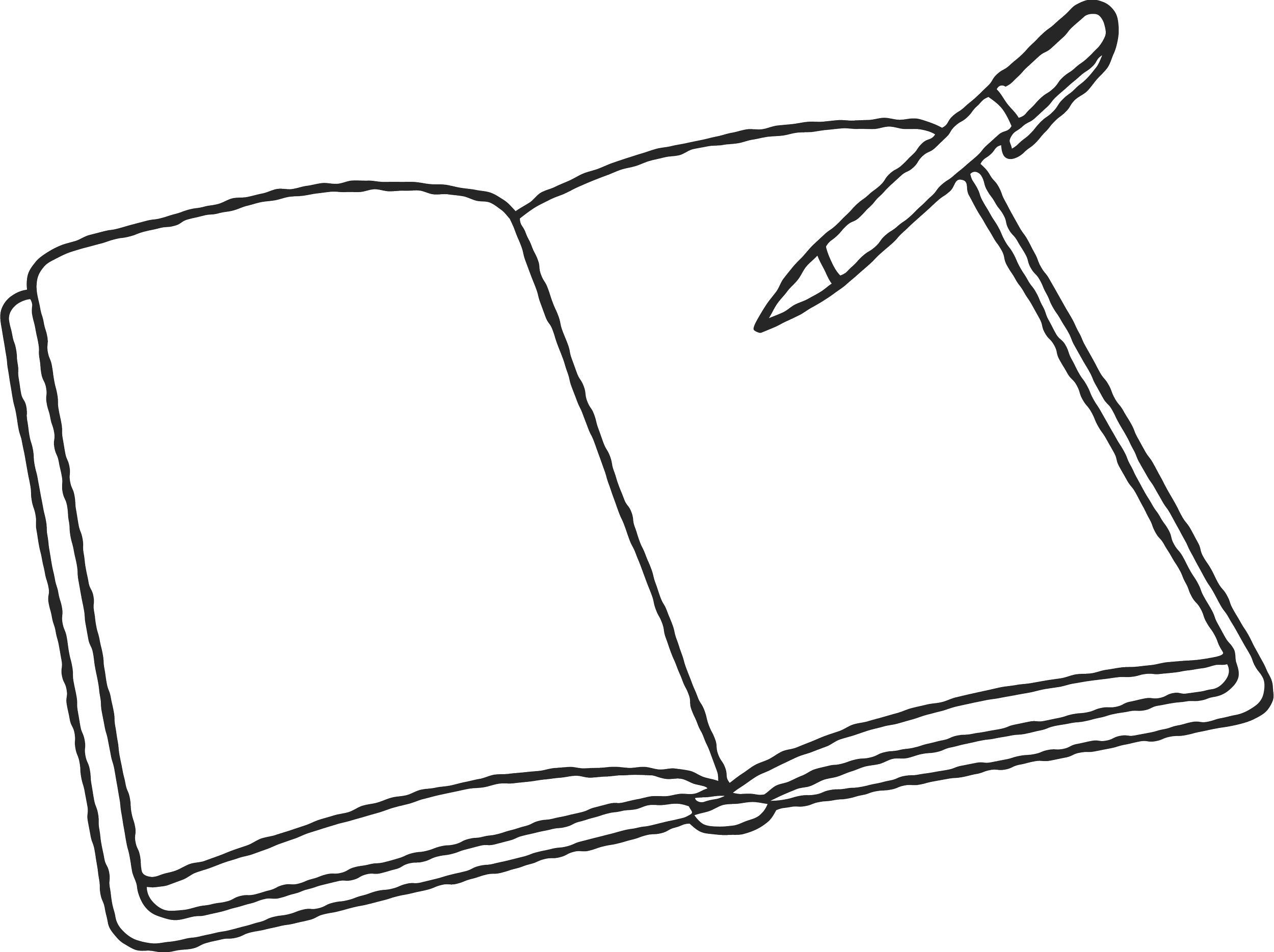 Line drawing of a briefcase with a pen and a hand resting on top.