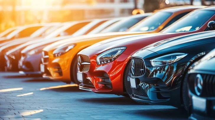 Row of luxury sports cars parked on a city street at sunset.