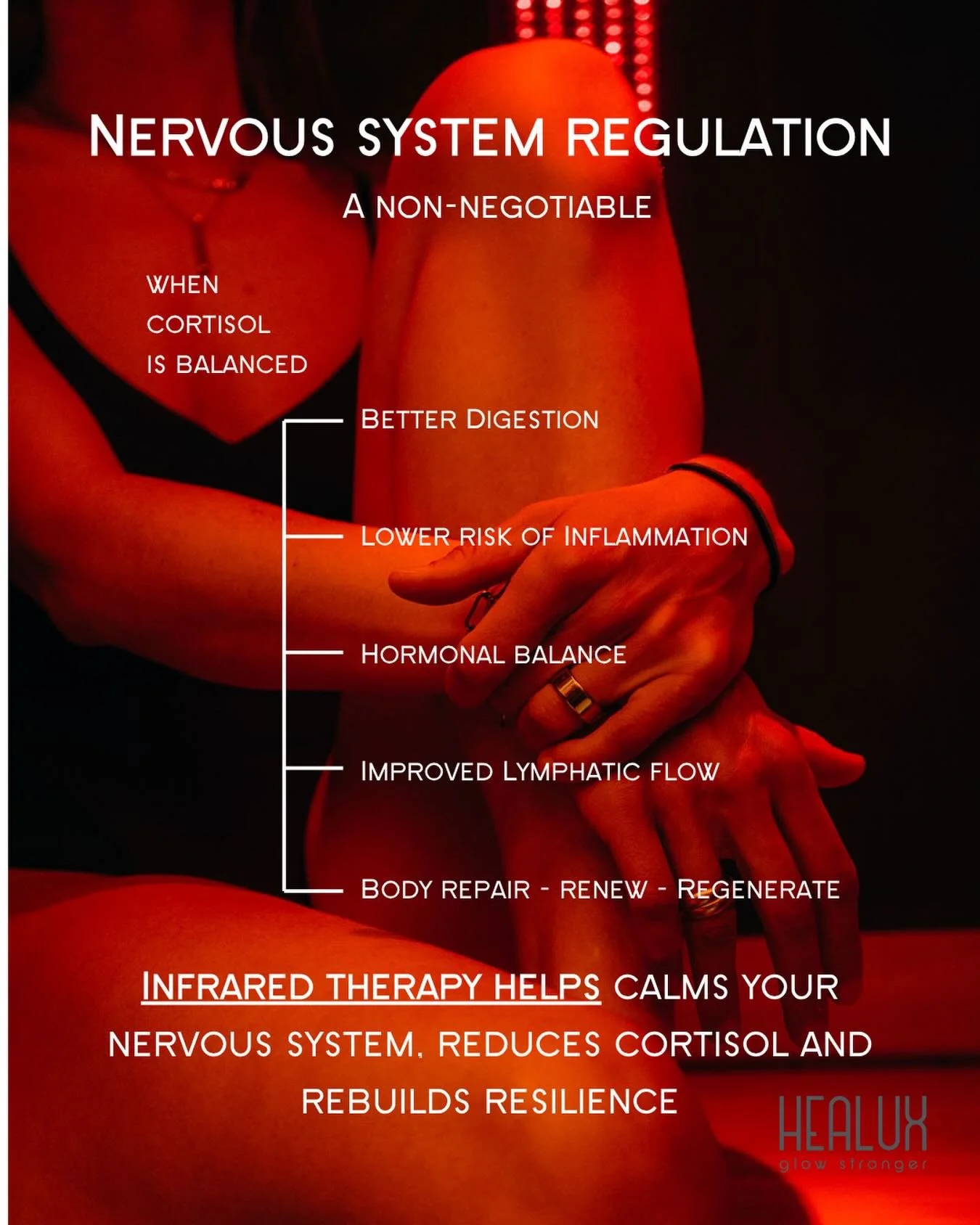 A regulated nervous system changes everything.

When your body finally feels safe enough to slow down,
healing can begin.

Better sleep.
Lower inflammation.
Improved digestion.
Hormonal balance.
More resilience to stress.

Infrared therapy helps acti