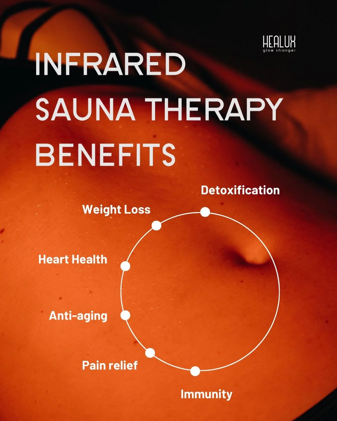 Infrared sauna therapy is more than just heat. By gently warming the body from within, infrared light supports your natural recovery processes and can help:

- Relax muscles and ease discomfort
- Support cardiovascular health
- Promote healthy, radia
