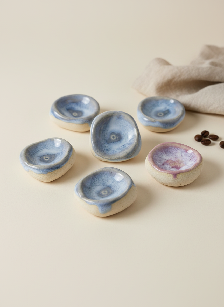 Kleine handgefertigte Keramikschalen in Blau- und Pinktönen, angeordnet auf einer hellen Oberfläche, mit Kaffee- und Stoff-Details im Hintergrund.