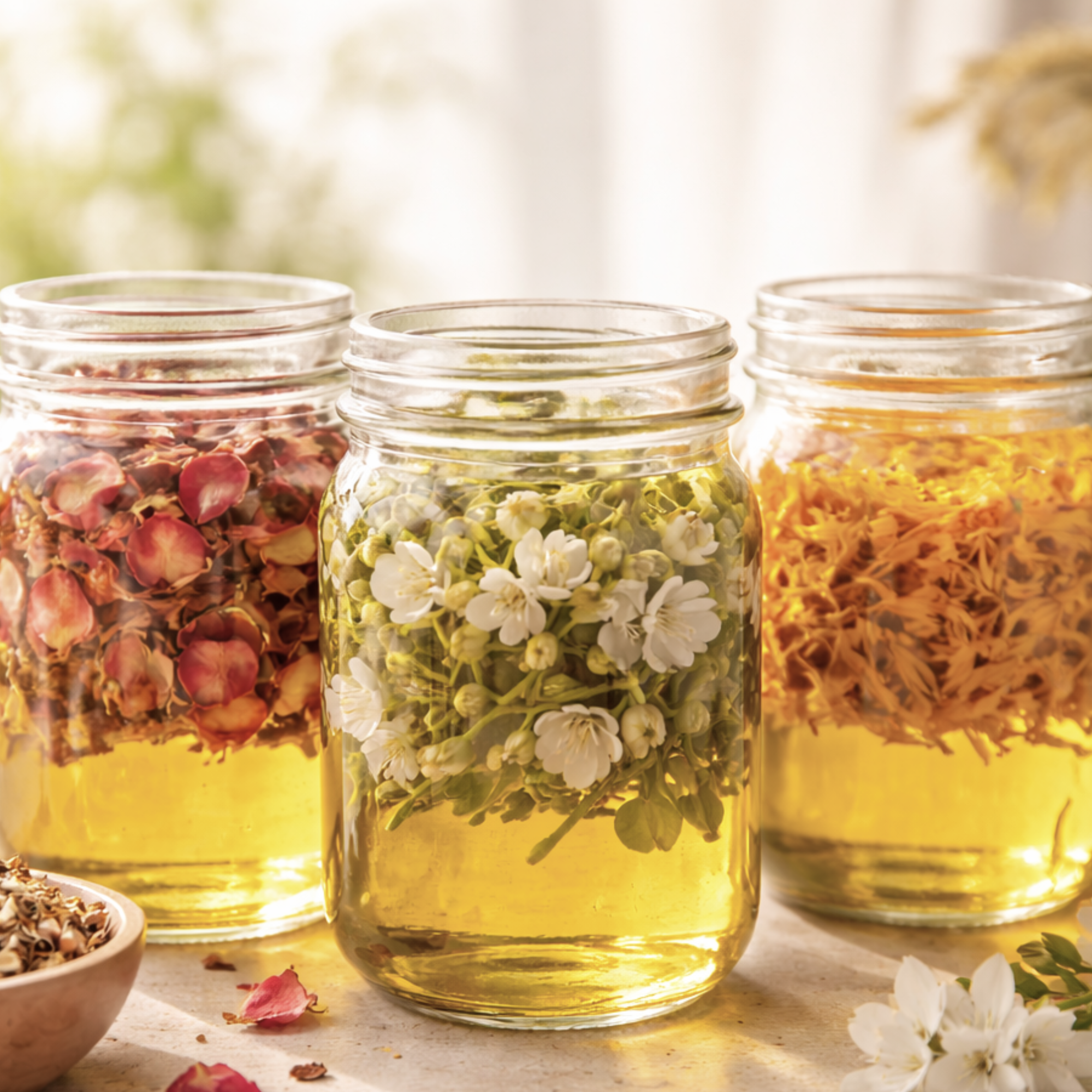 Three glass jars filled with herbal flowers inside, submerged in oil, arranged on a light-colored surface with loose flowers around.