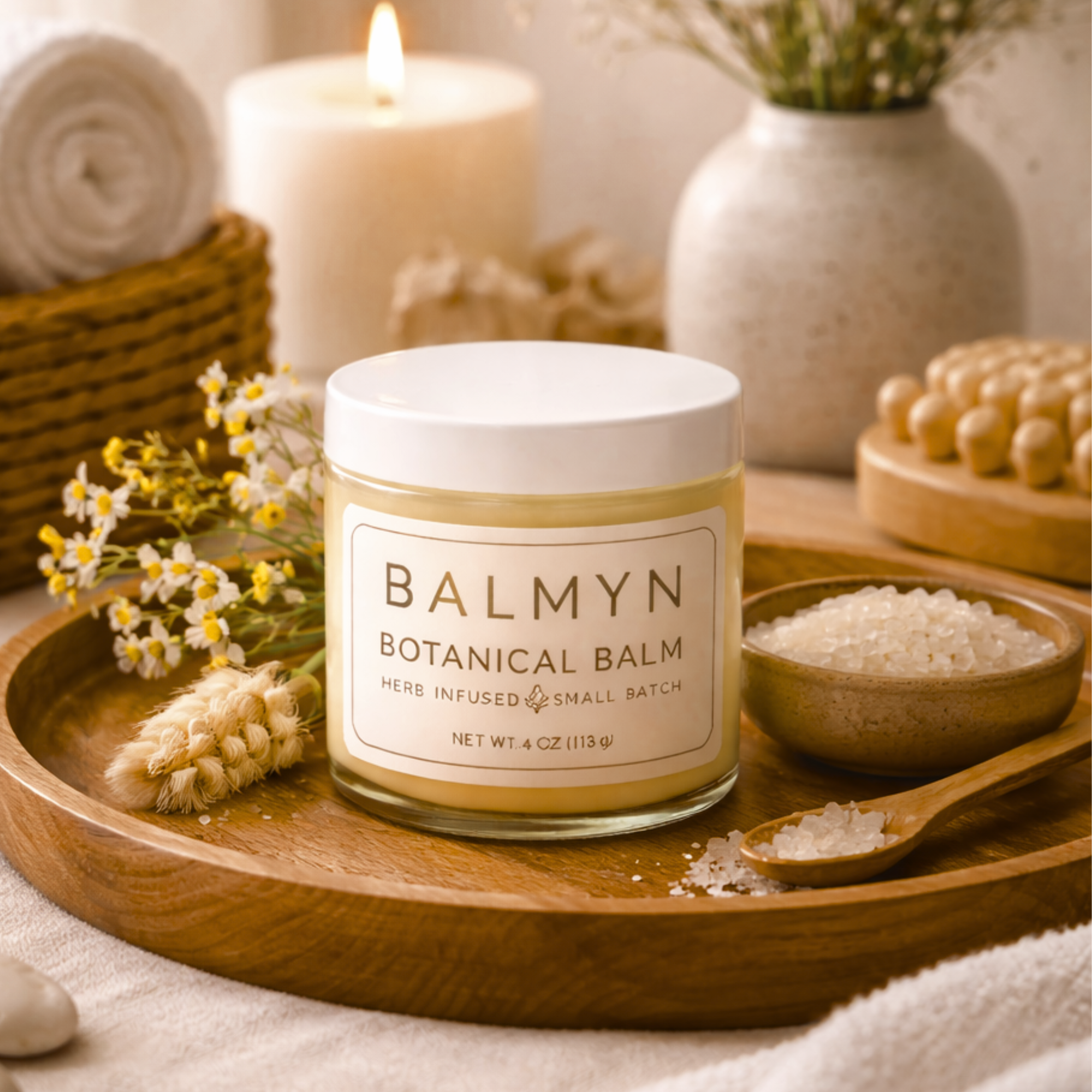 A jar of Balmyn Botanical Balm with herb-infused ingredients on a wooden tray, surrounded by dried flowers, a bowl of bath salts, and lit candles in a spa-like setting.