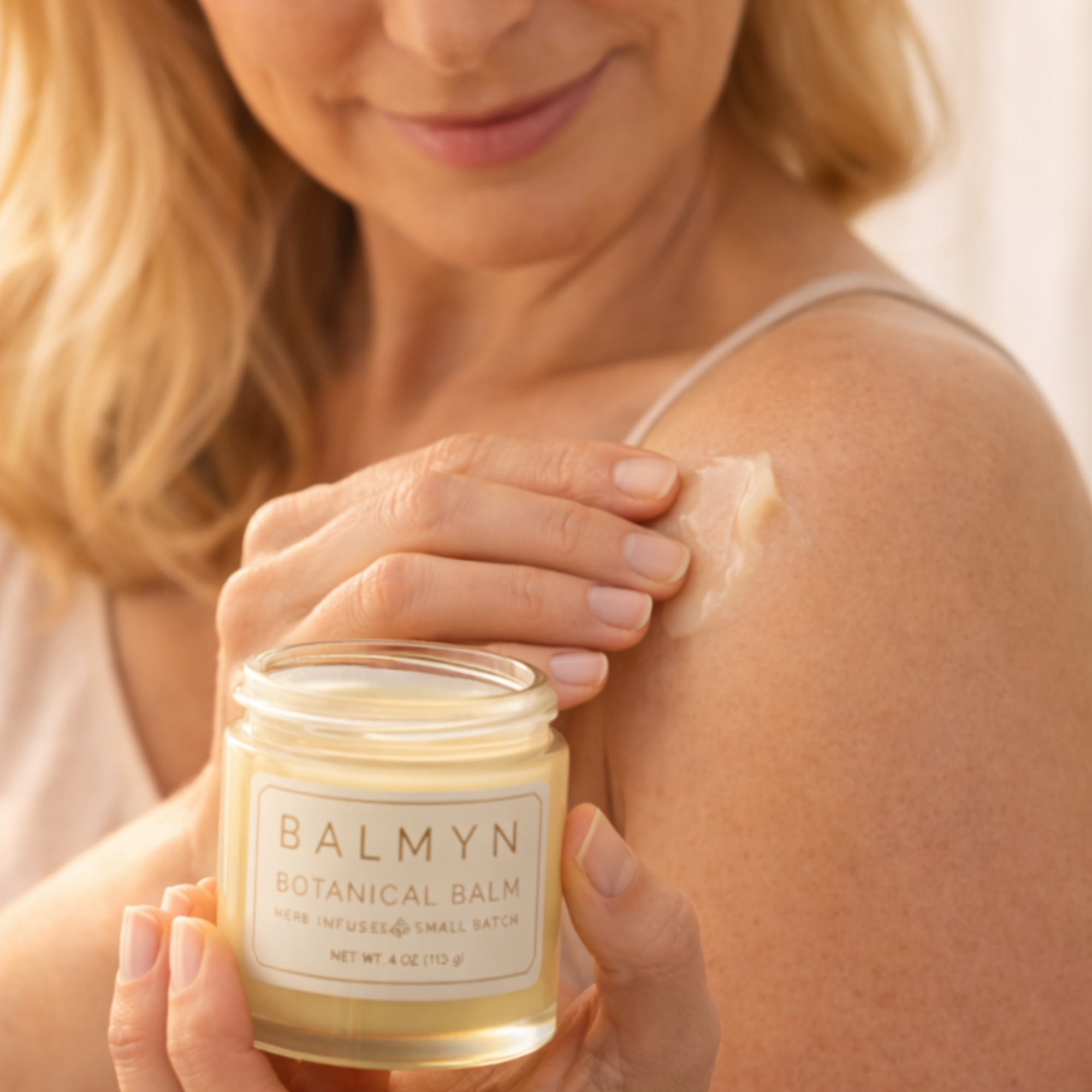 A woman applying botanical balm to her shoulder from a jar labeled 'Balmyn Botanical Balm'.