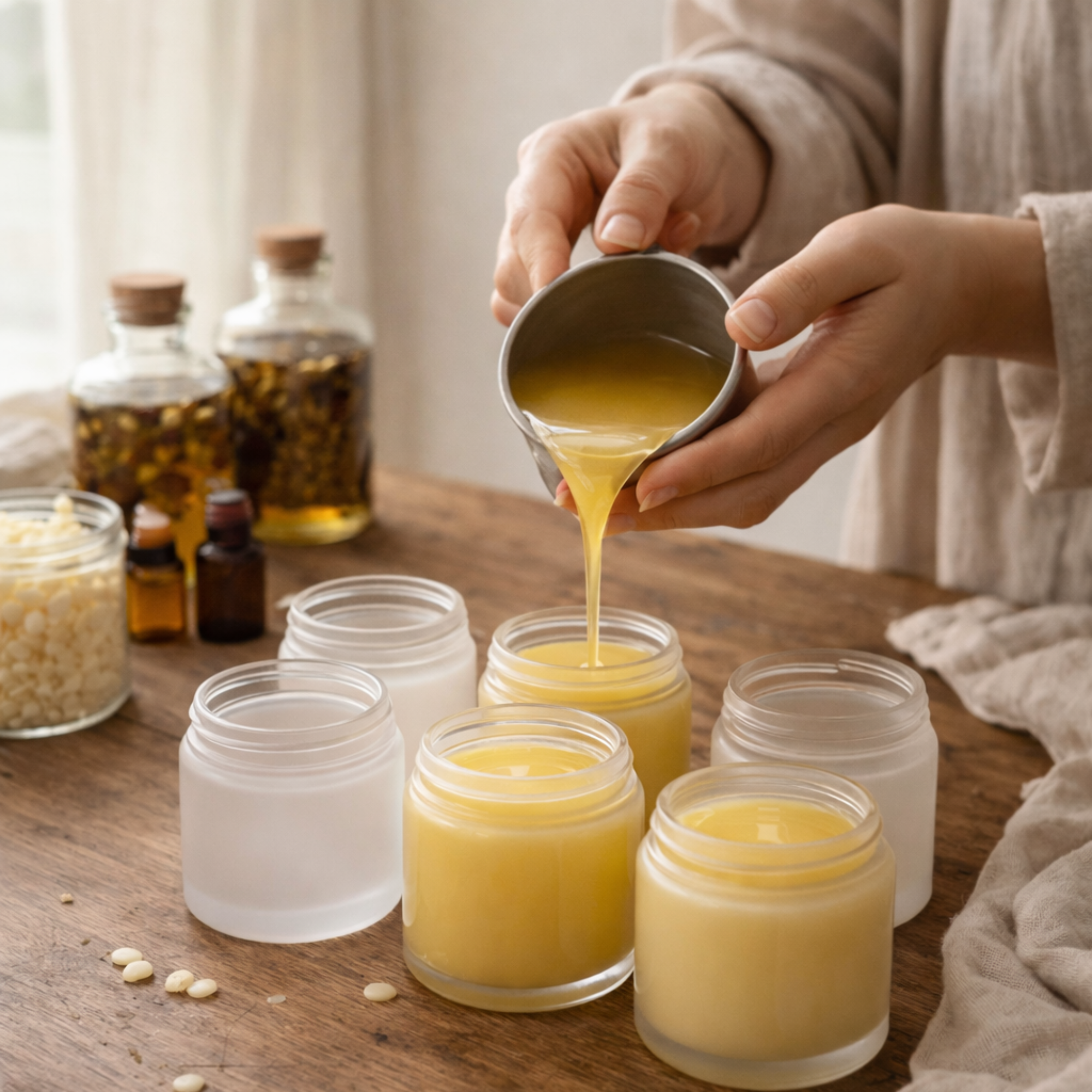 Person pouring yellow balm or wax into small glass jars on a wooden table, surrounded by ingredients and bottles.