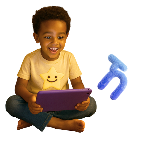 A young boy sitting cross-legged, smiling while holding a purple tablet, with a plush star toy on his shirt and a blue Fuzzy Wuzzy pipe cleaner figure floating beside him.