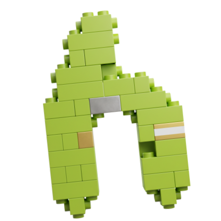 Green and gray building blocks arranged to resemble the letter 'A'.
