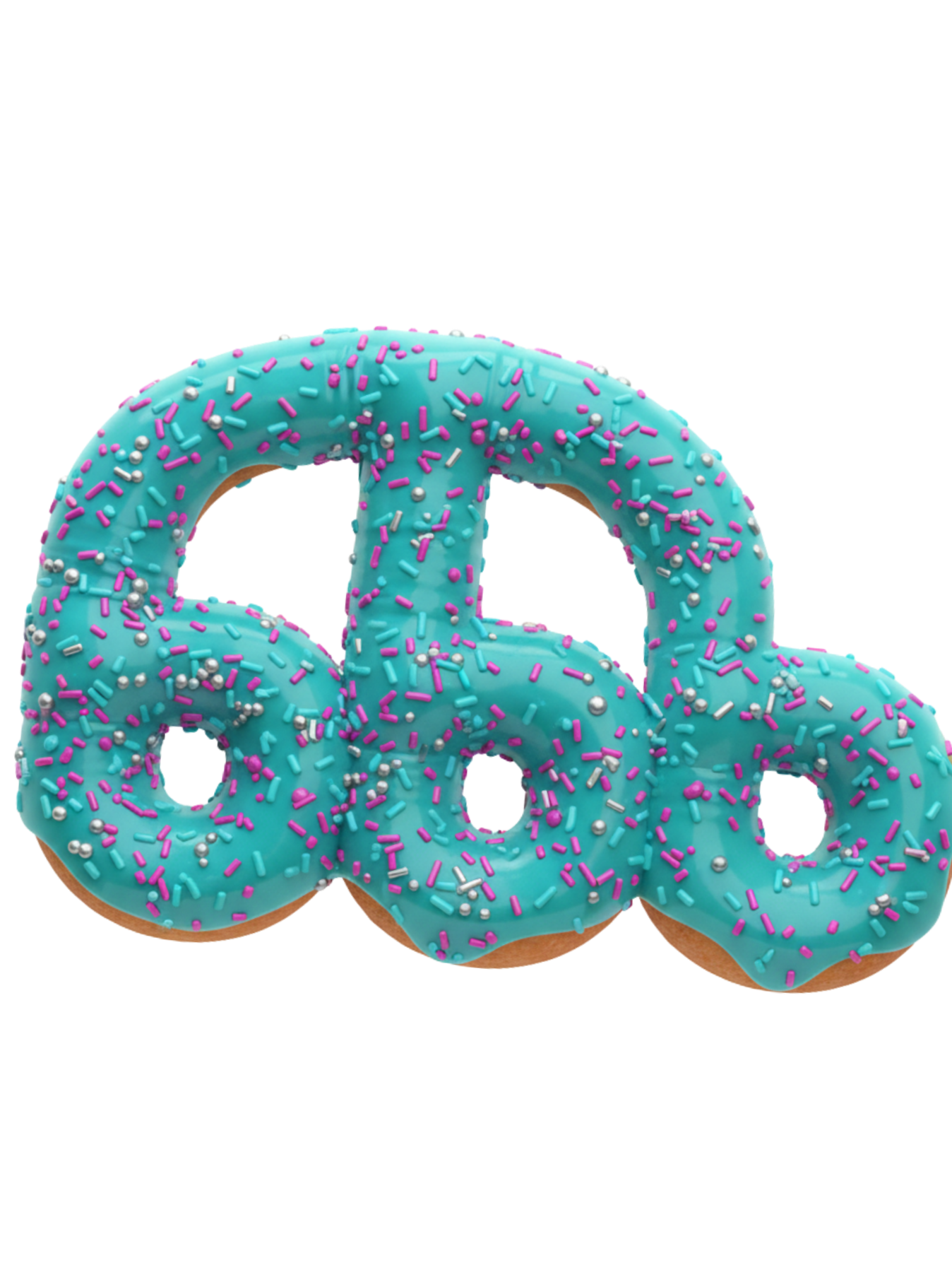 A stack of three donuts with turquoise icing and pink, purple, blue, and white sprinkles.