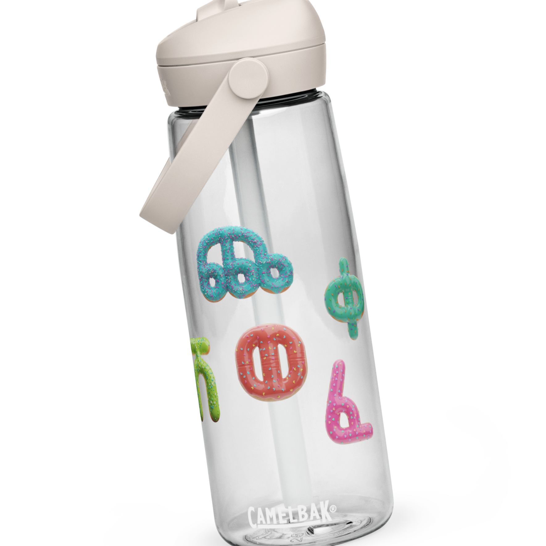 A clear CamelBak water bottle with a white lid and colorful sprinkles shaped like various letters and numbers on the side.