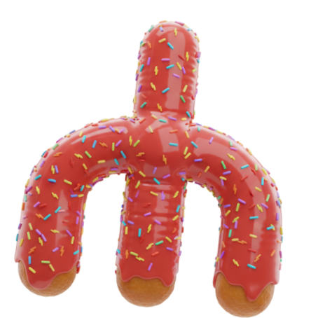 Pink birthday cake shaped like the letter 'A', decorated with colorful sprinkles.