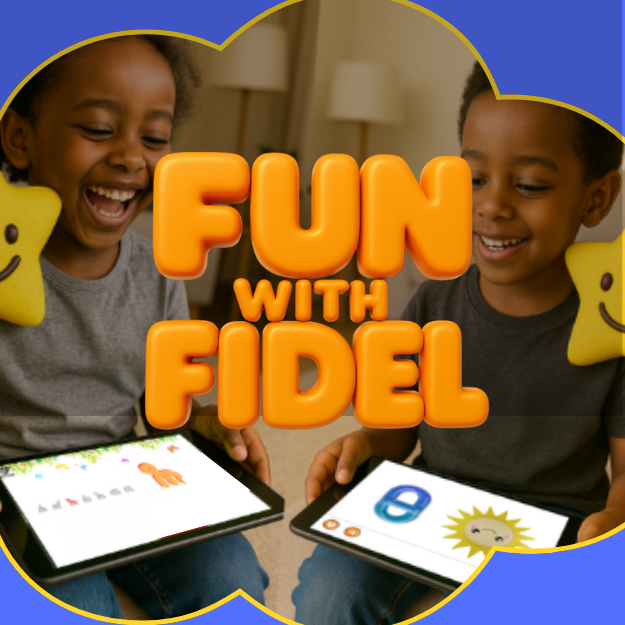 Two children smiling and playing with tablets showing educational content, with text overlay reading 'Fun with Fidel'.