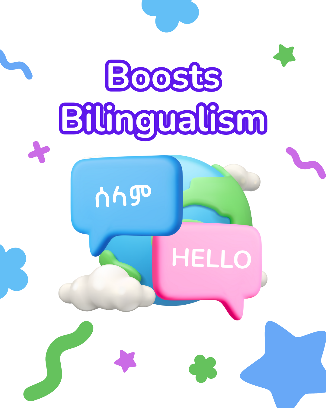 Graphic with the text "Boosts Bilingualism" and colorful speech bubbles with the words "hello" in English and a phrase in Amharic, surrounded by clouds and abstract background elements.