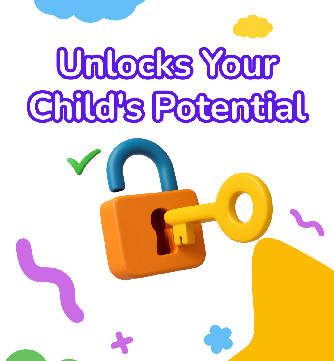 Colorful graphic with the text "Unlocks Your Child's Potential" and images of a yellow key and an orange padlock.