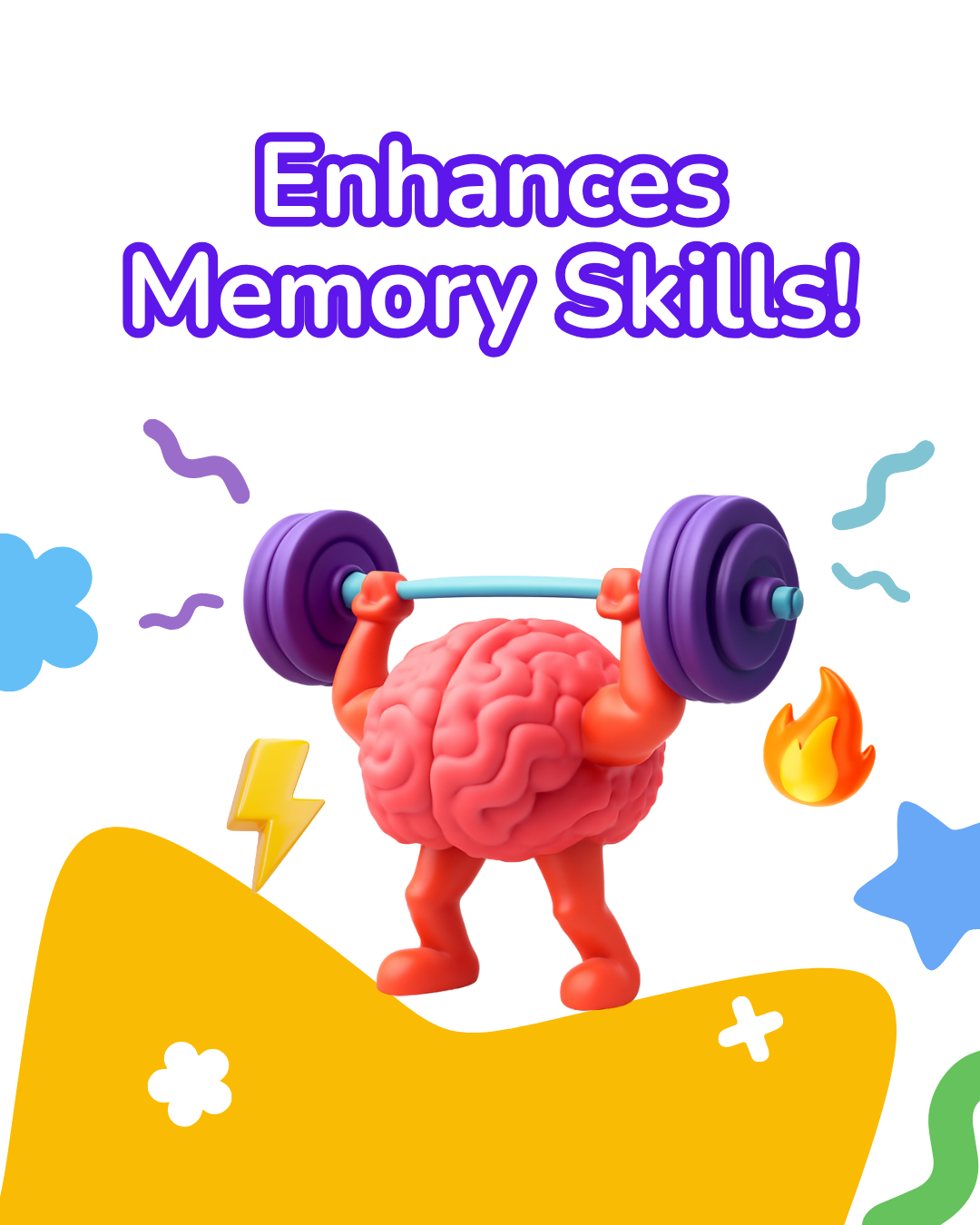 A cartoon brain lifting a purple barbell with the text 'Enhances Memory Skills!' above it.