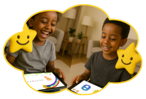 Two children, a girl and a boy, sitting at a table smiling and holding yellow star-shaped plush toys with smiling faces, with a tablet showing colorful drawings and a letter 'e' in front of them.