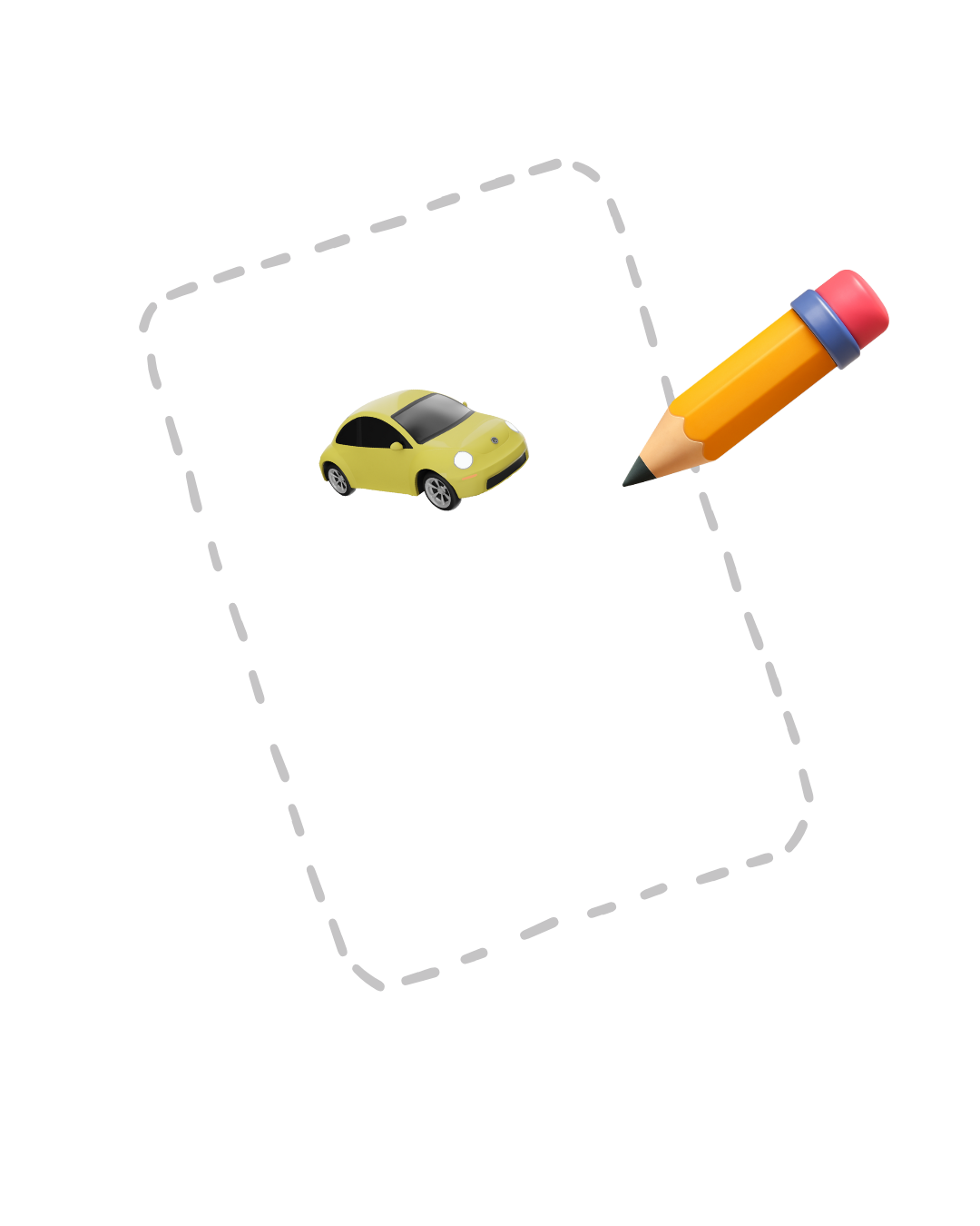 A small yellow toy car placed on a green sticky note inside a white desk organizer, with a large yellow pencil and red eraser nearby.
