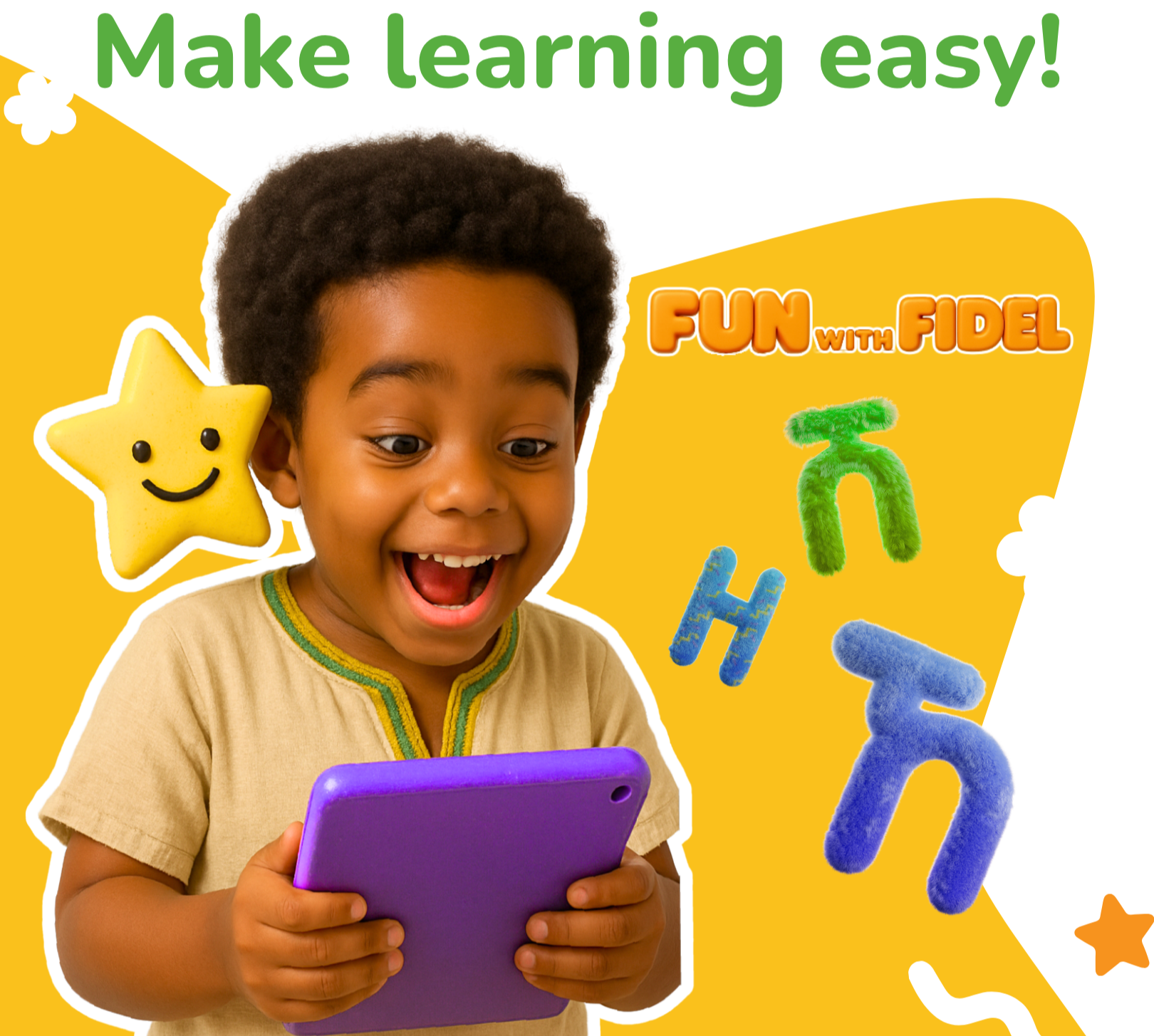 A young boy with curly hair smiling and looking at a purple tablet, surrounded by colorful text and graphics promoting easy learning with a fun, playful design.