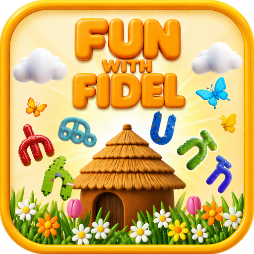 Colorful children's game box titled "Fun with Fidel" featuring a house with a thatched roof, surrounded by flowers, butterflies, clouds, and alphabet letters.