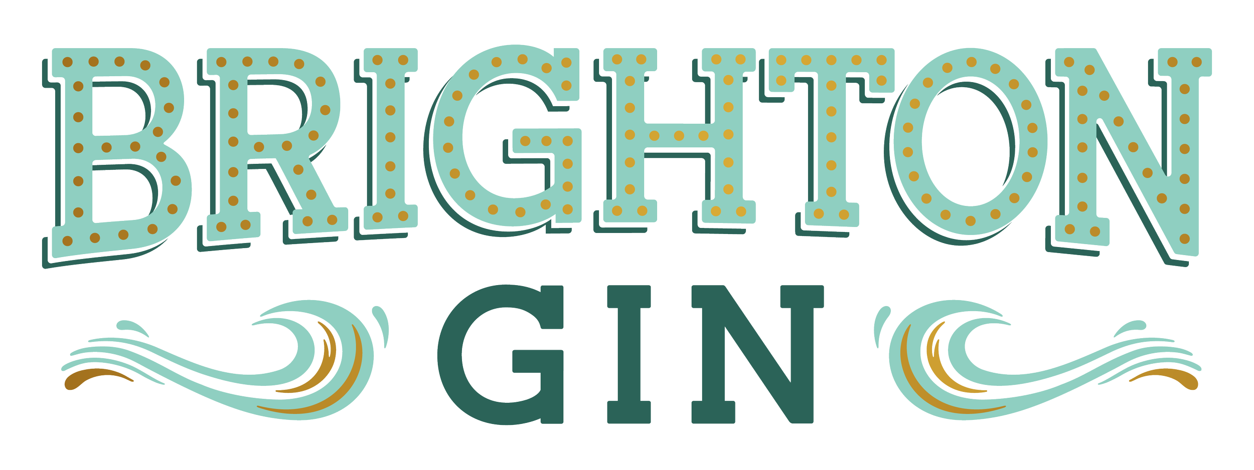 Sign with the words 'BRIGHTON GIN' in decorative lettering and a stylized wave design.
