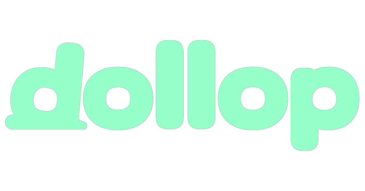 The word "dollop" written in large, light green, bubble-style letters with a black background.