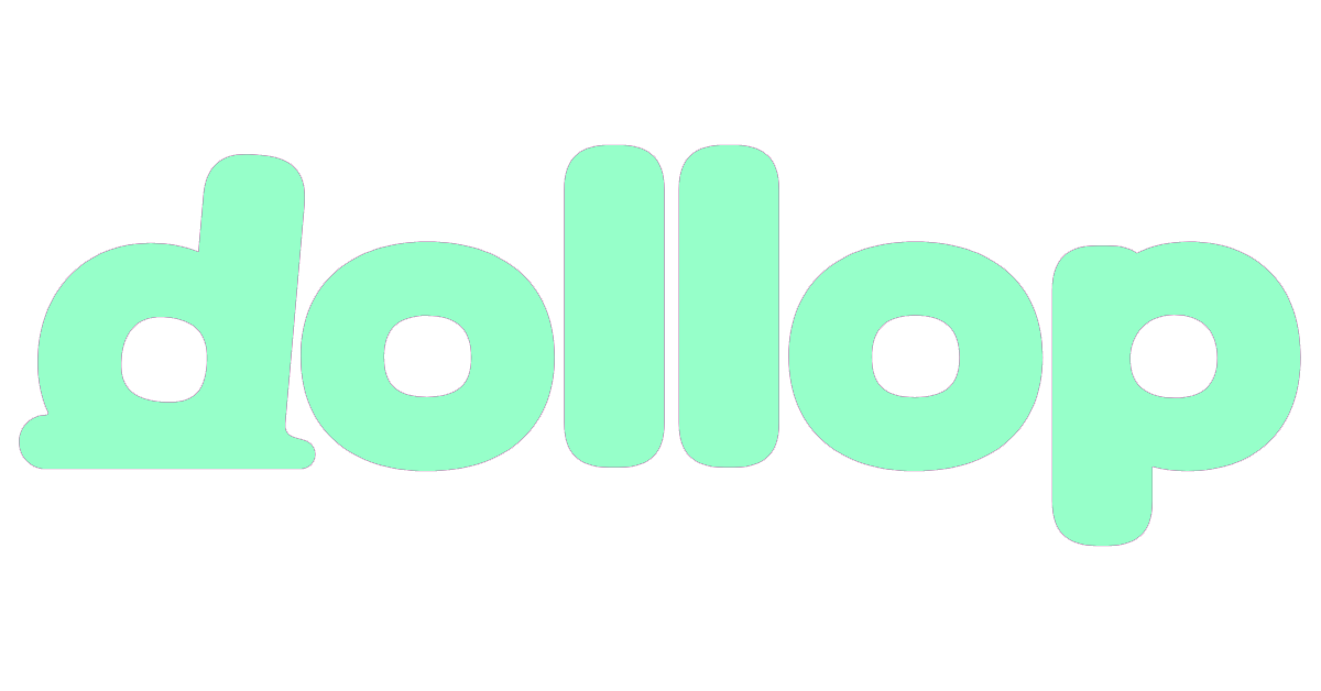 The word "dollop" written in large, light green, bubble-style letters with a black background.