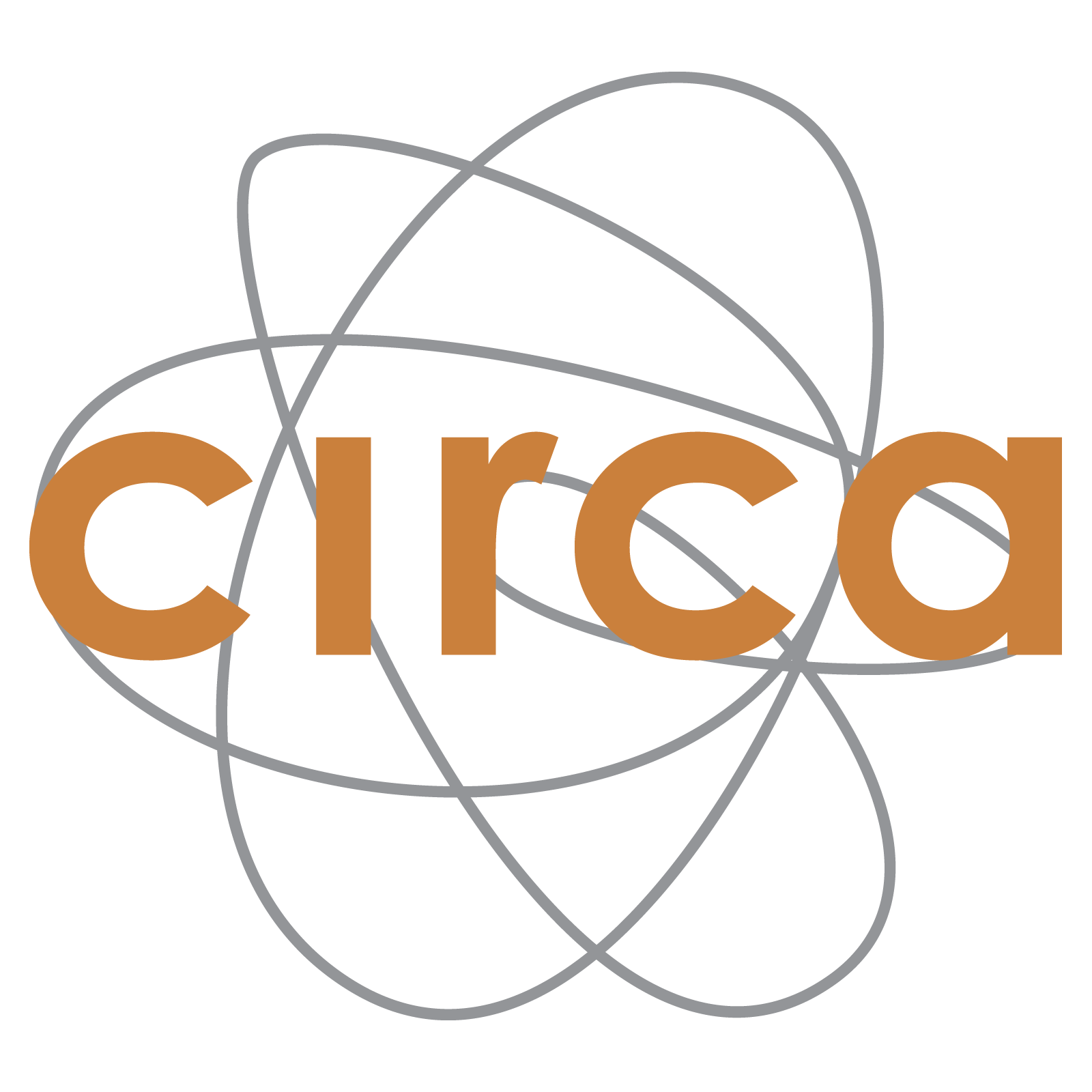 Graphic of the word 'circa' in large orange letters with a network of gray looping lines behind it on a black background.