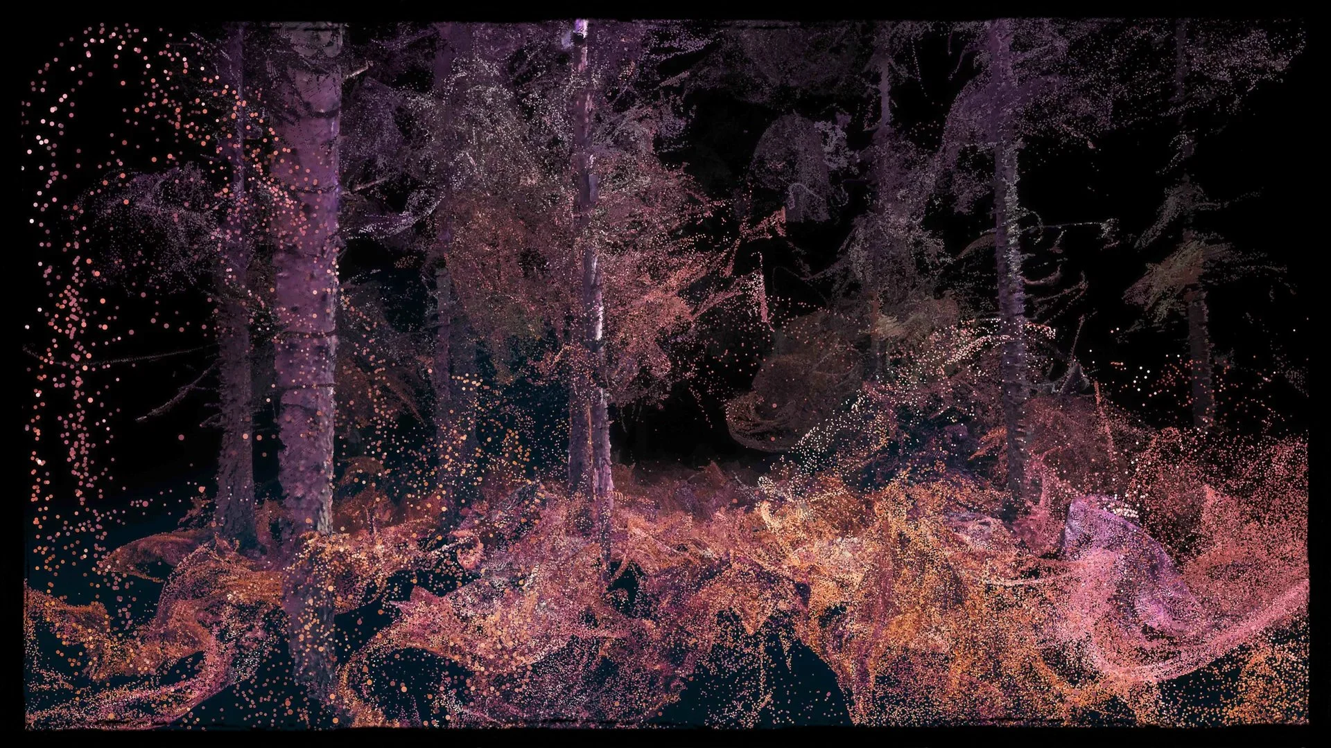 A digital or computer-generated image of a forest scene with tall trees and leaves, depicted with pink, purple, and orange dot patterns on a dark background.