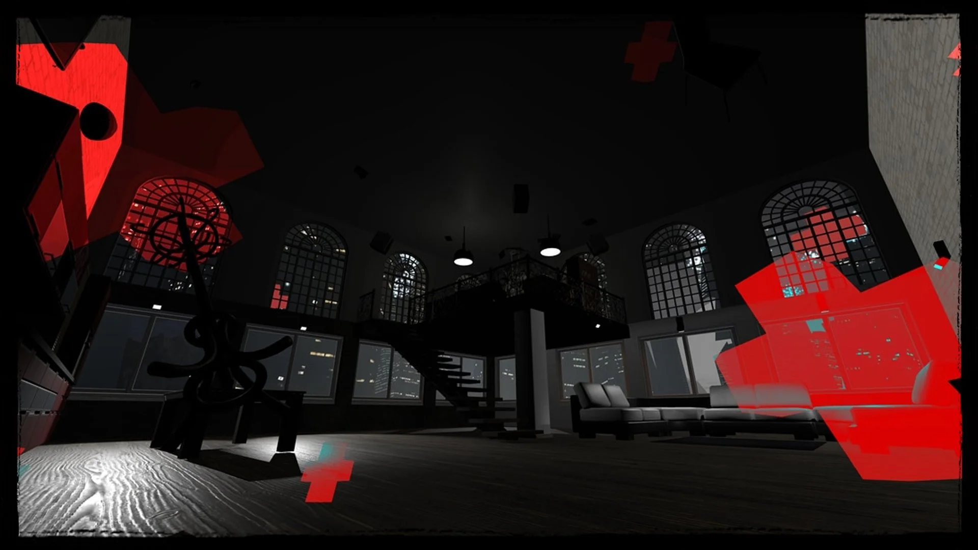 A dark, modern living room with large arched windows showing a city skyline at night. The room has a staircase, a sofa, and various furniture. Some objects are highlighted in red.