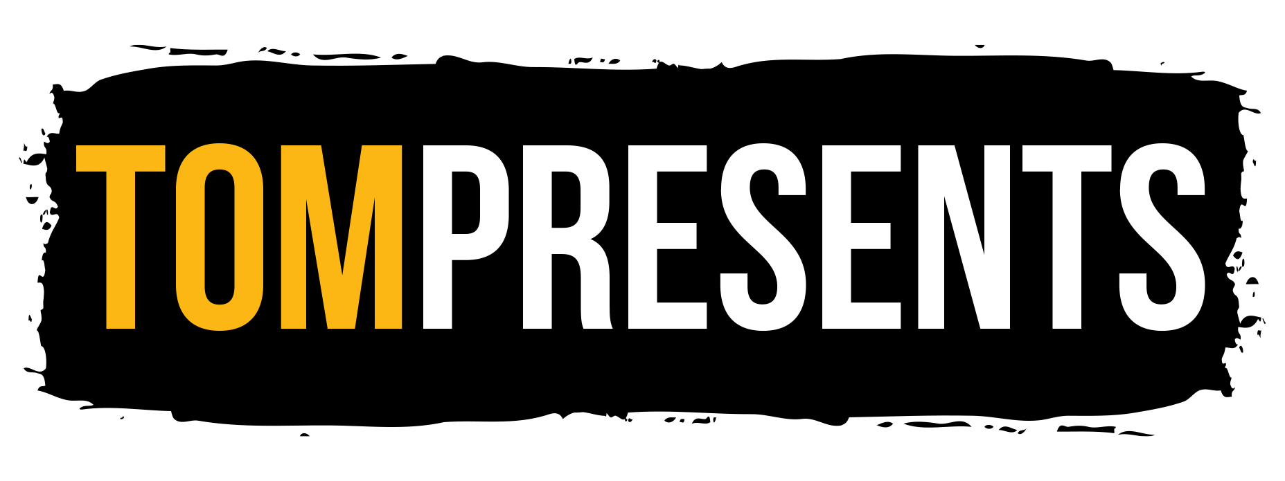 Logo with the text 'TOM Presents' in large yellow and white letters on a black background.